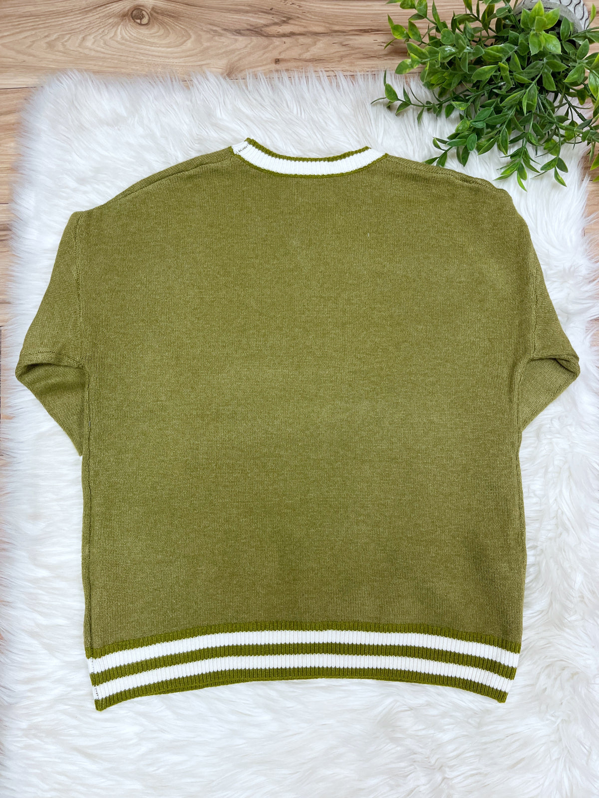 Olive Stripe Relaxed Pullover with Thumbhole - Women’s Sweater Top - by LovLov - True to Size