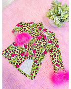 Grinch Pajama Outfit with Hot Pink Cheetah Print - Girls Pants Outfit - by Mini Mee - True to Size
