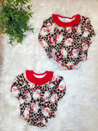 Cheetah print Santa with ruffle neck - Girls Romper - by Mini Mee - True to Size