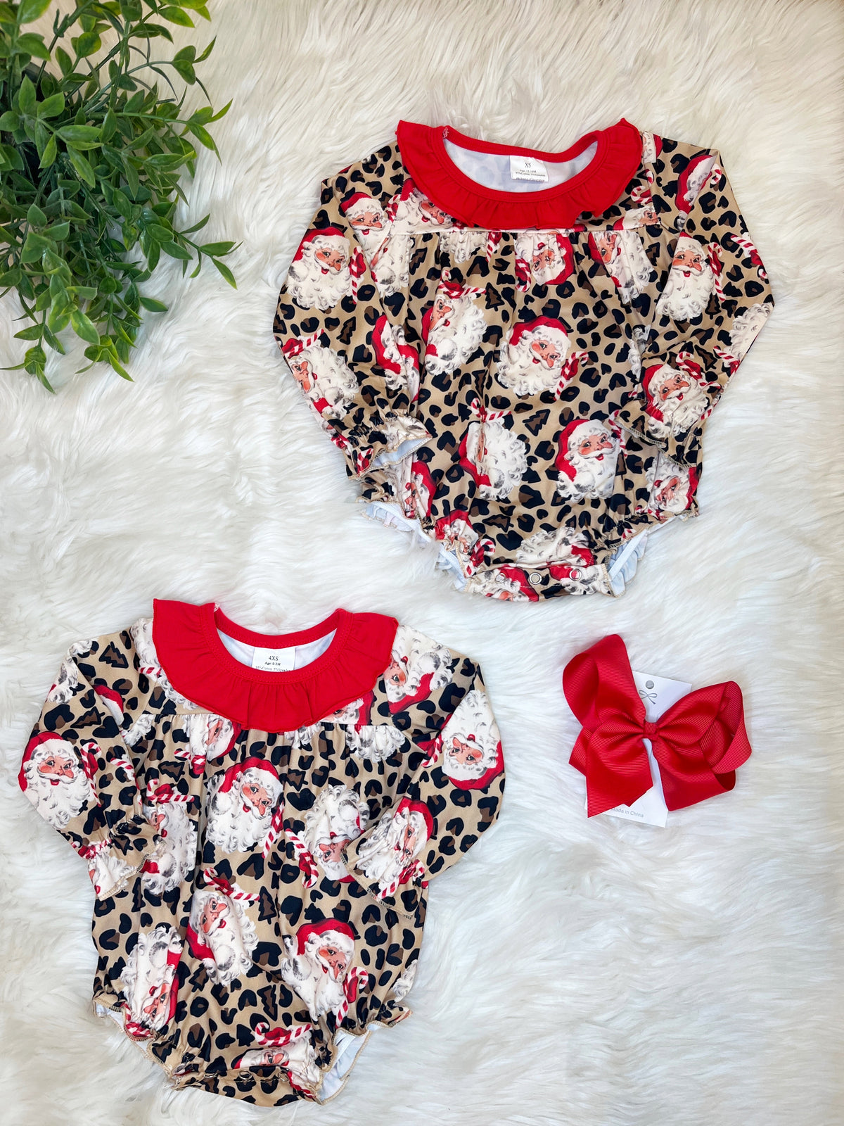Cheetah print Santa with ruffle neck - Girls Romper - by Mini Mee - True to Size