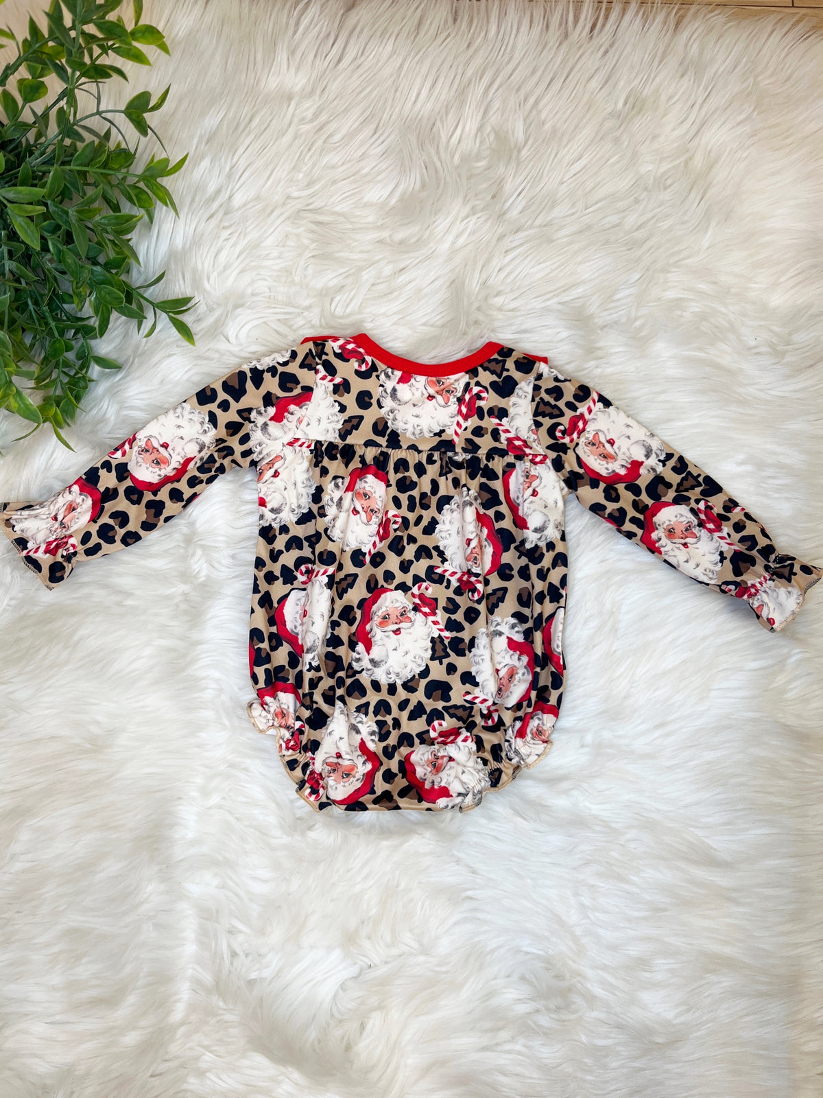 Cheetah print Santa with ruffle neck - Girls Romper - by Mini Mee - True to Size