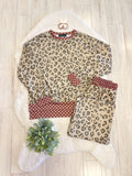 Light Sage Green Leopard Print Set with Brown & Pink Polka Dot Trim - Women’s 2 Piece Pants Set - by Evermmee - True to Size