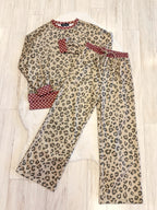 Light Sage Green Leopard Print Set with Brown & Pink Polka Dot Trim - Women’s 2 Piece Pants Set - by Evermmee - True to Size