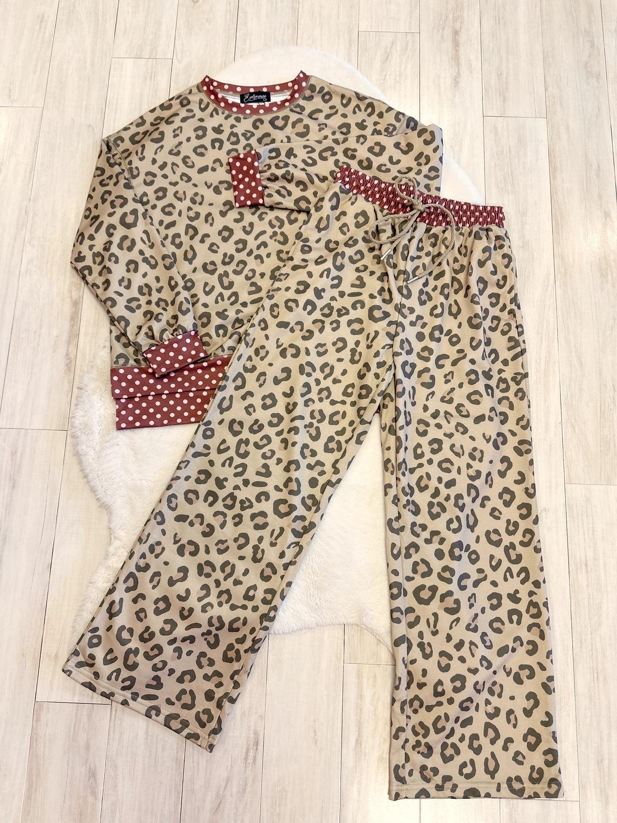 Light Sage Green Leopard Print Set with Brown & Pink Polka Dot Trim - Women’s 2 Piece Pants Set - by Evermmee - True to Size