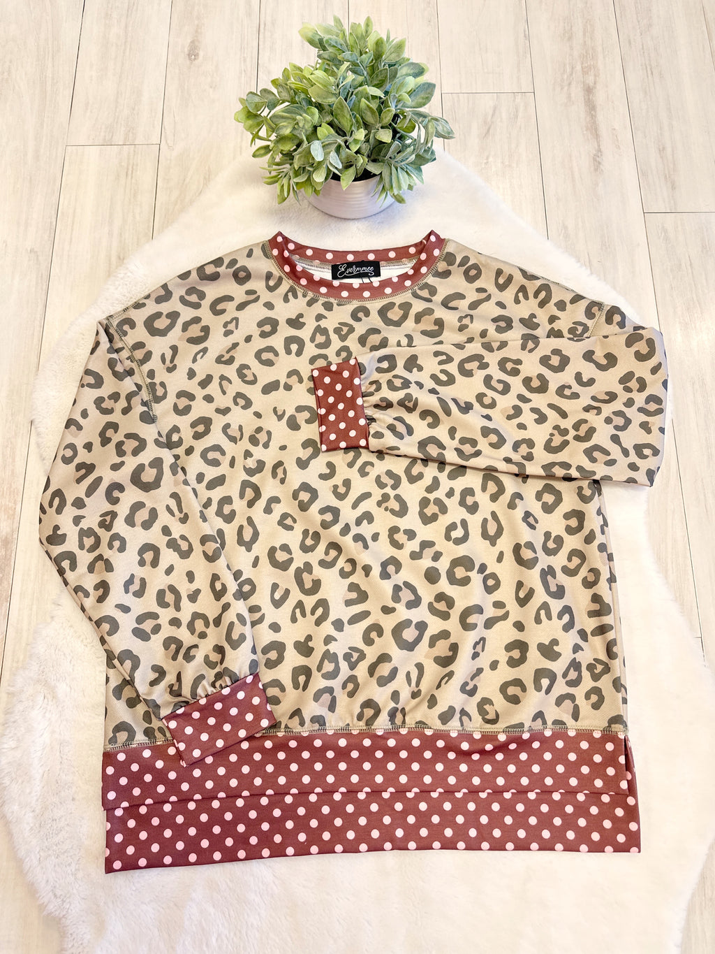 Light Sage Green Leopard Print Set with Brown & Pink Polka Dot Trim - Women’s 2 Piece Pants Set - by Evermmee - True to Size