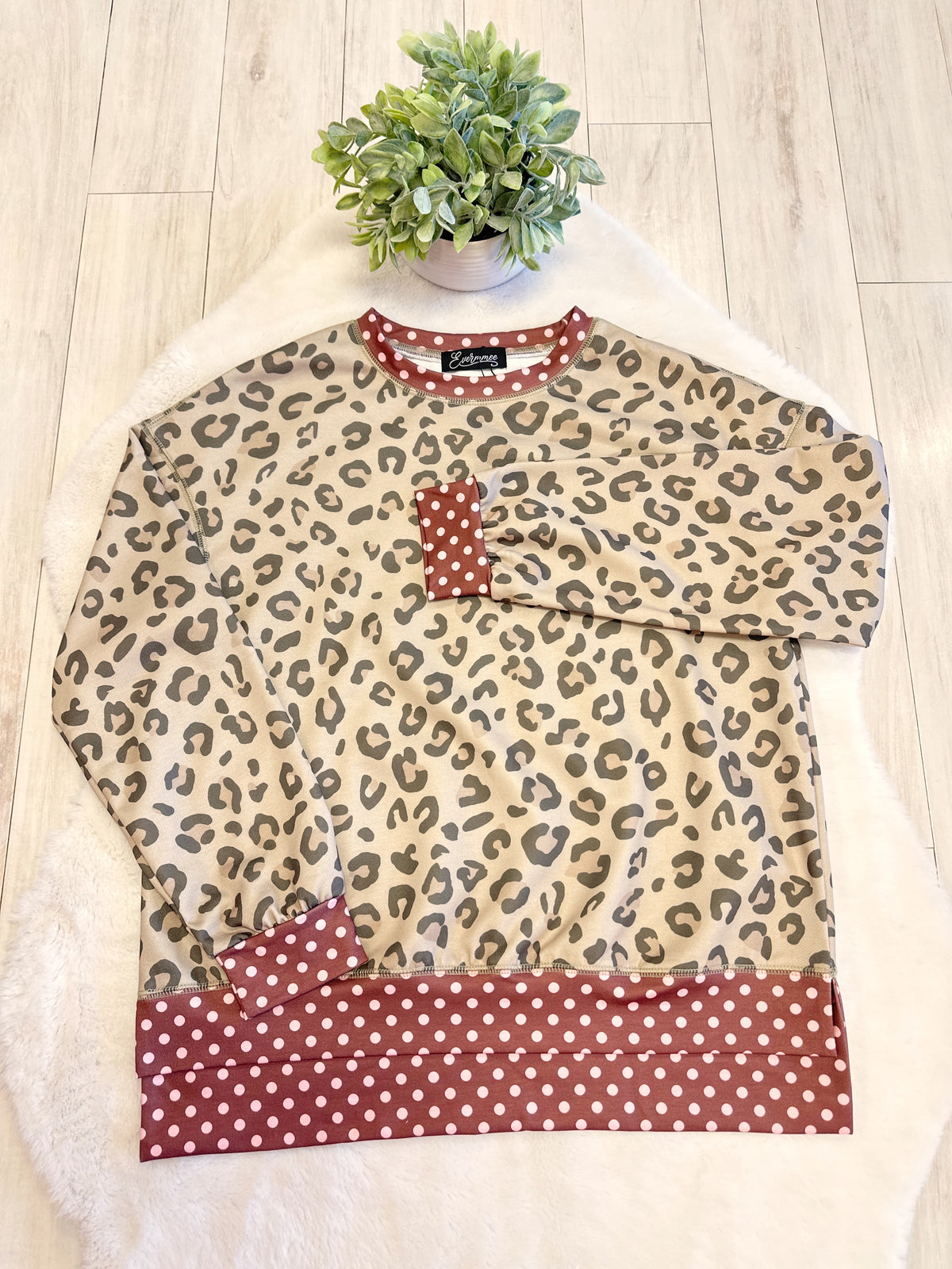 Light Sage Green Leopard Print Set with Brown & Pink Polka Dot Trim - Women’s 2 Piece Pants Set - by Evermmee - True to Size