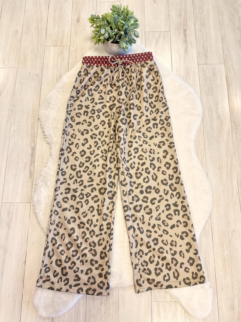 Light Sage Green Leopard Print Set with Brown & Pink Polka Dot Trim - Women’s 2 Piece Pants Set - by Evermmee - True to Size