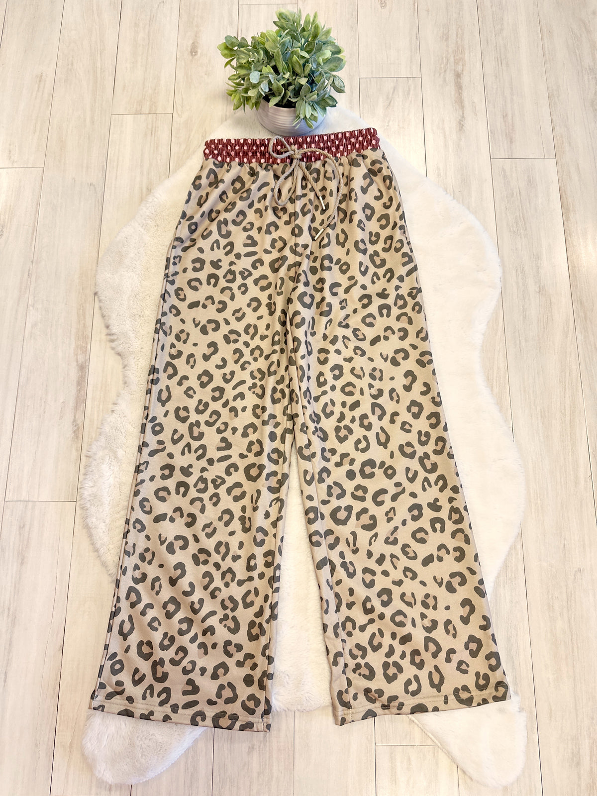 Light Sage Green Leopard Print Set with Brown & Pink Polka Dot Trim - Women’s 2 Piece Pants Set - by Evermmee - True to Size