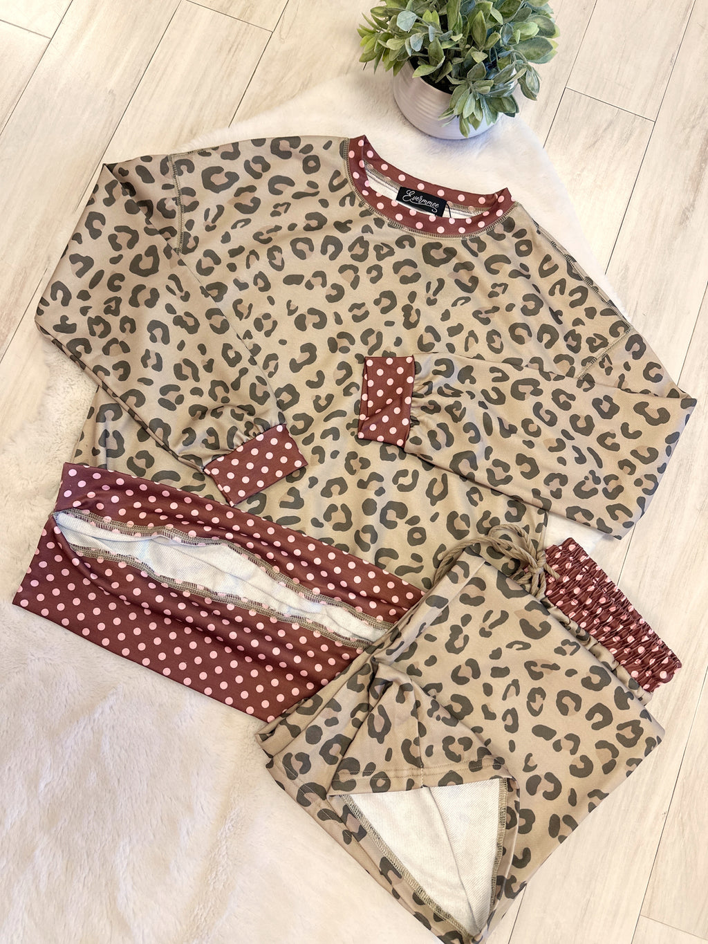 Light Sage Green Leopard Print Set with Brown & Pink Polka Dot Trim - Women’s 2 Piece Pants Set - by Evermmee - True to Size