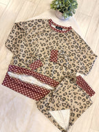 Light Sage Green Leopard Print Set with Brown & Pink Polka Dot Trim - Women’s 2 Piece Pants Set - by Evermmee - True to Size