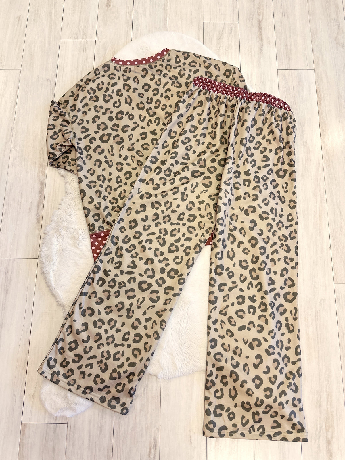 Light Sage Green Leopard Print Set with Brown & Pink Polka Dot Trim - Women’s 2 Piece Pants Set - by Evermmee - True to Size
