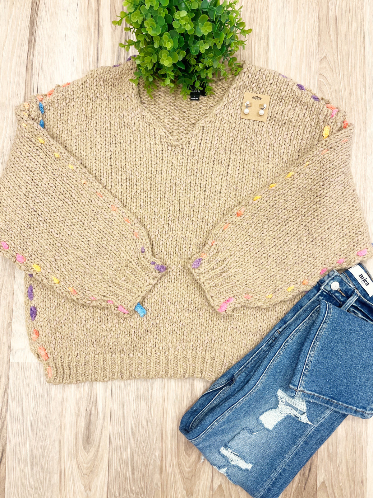 Color Trim Knit - Women’s Sweater Top - by LUMIERE - True to Size