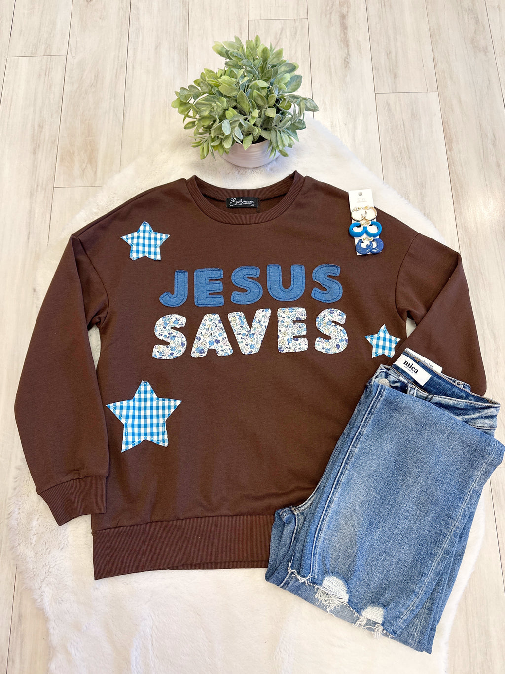 Brown Mixed Print Patch Pullover featuring “Jesus Saves” - Women’s Sweater Top - by Evermmee - True to Size