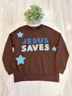 Brown Mixed Print Patch Pullover featuring “Jesus Saves” - Women’s Sweater Top - by Evermmee - True to Size