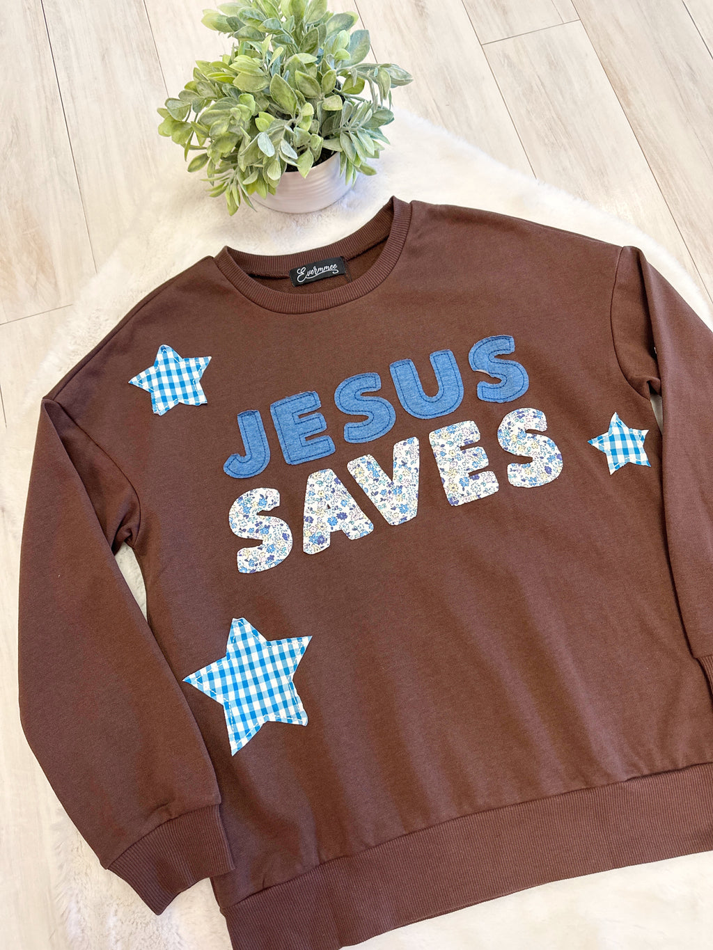 Brown Mixed Print Patch Pullover featuring “Jesus Saves” - Women’s Sweater Top - by Evermmee - True to Size