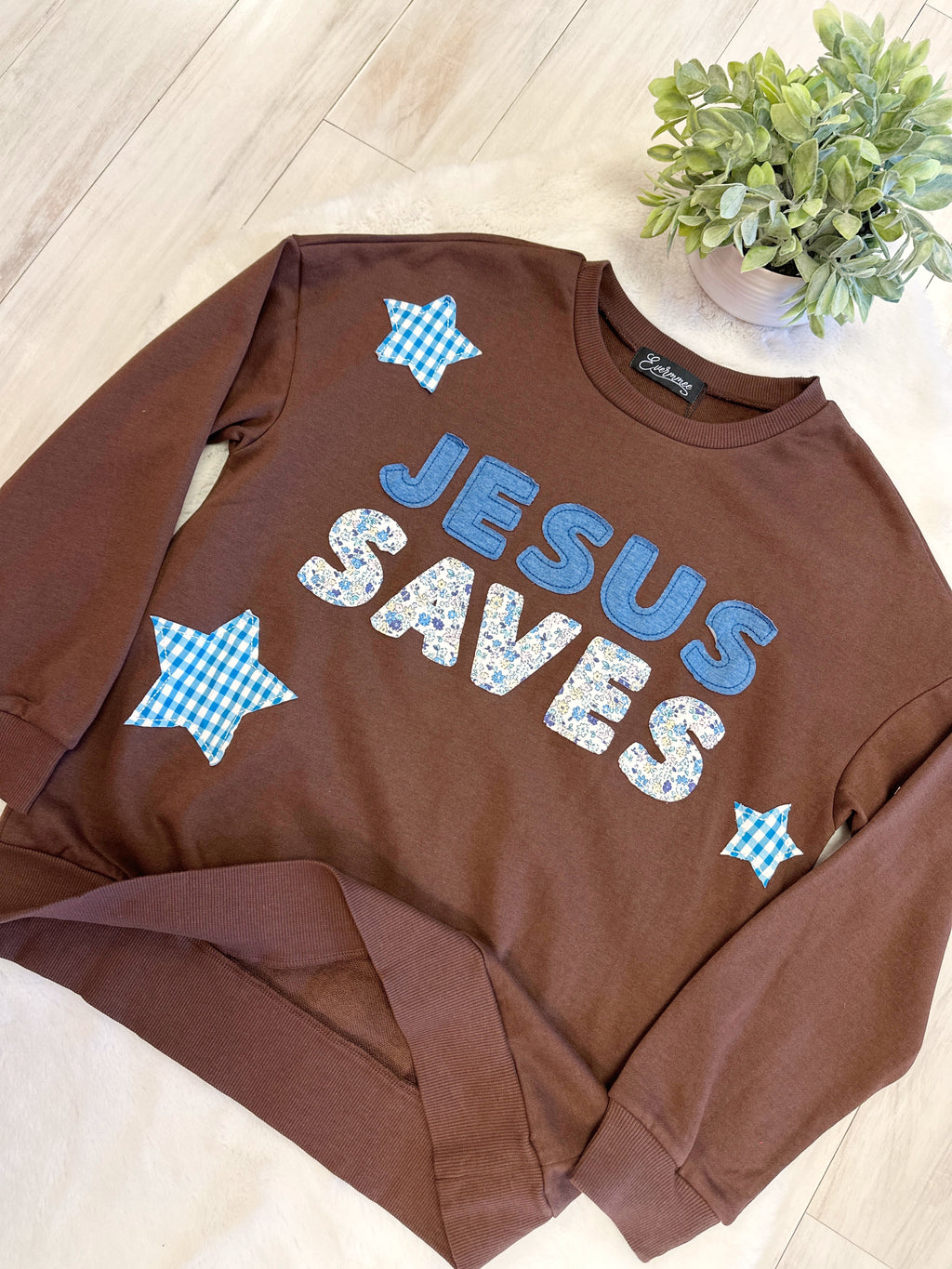 Brown Mixed Print Patch Pullover featuring “Jesus Saves” - Women’s Sweater Top - by Evermmee - True to Size