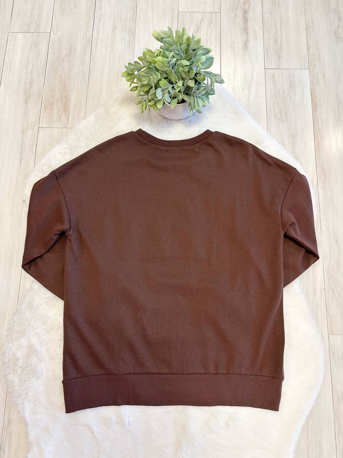 Brown Mixed Print Patch Pullover featuring “Jesus Saves” - Women’s Sweater Top - by Evermmee - True to Size