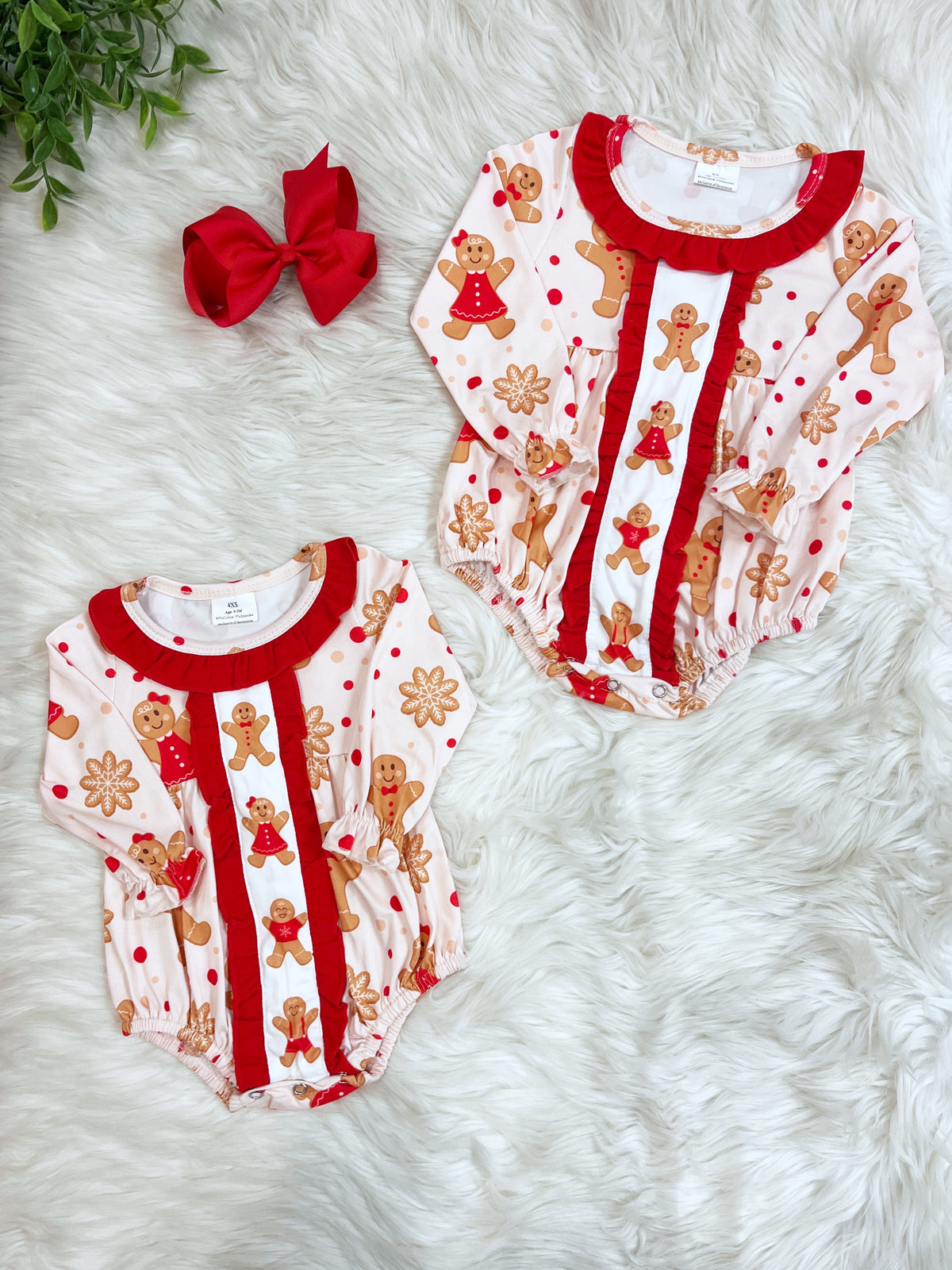 Pink Gingerbread with Red Ruffle - Girls Romper - by Mini Mee - True to Size