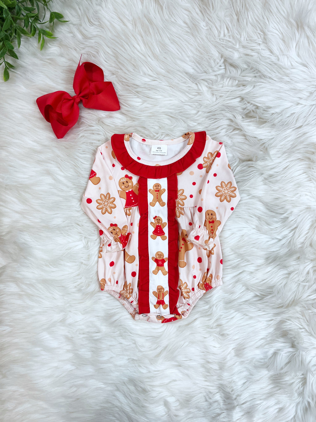 Pink Gingerbread with Red Ruffle - Girls Romper - by Mini Mee - True to Size