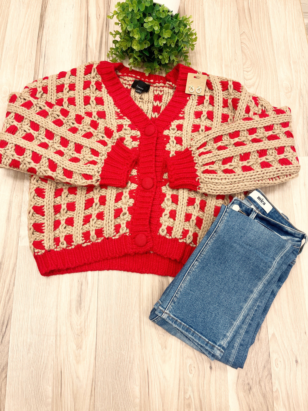 Red & Oatmeal Chunky Knit Button Front Cardigan - Women’s Sweater Top - by LUMIERE - True to Size
