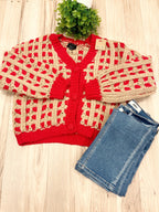 Red & Oatmeal Chunky Knit Button Front Cardigan - Women’s Sweater Top - by LUMIERE - True to Size