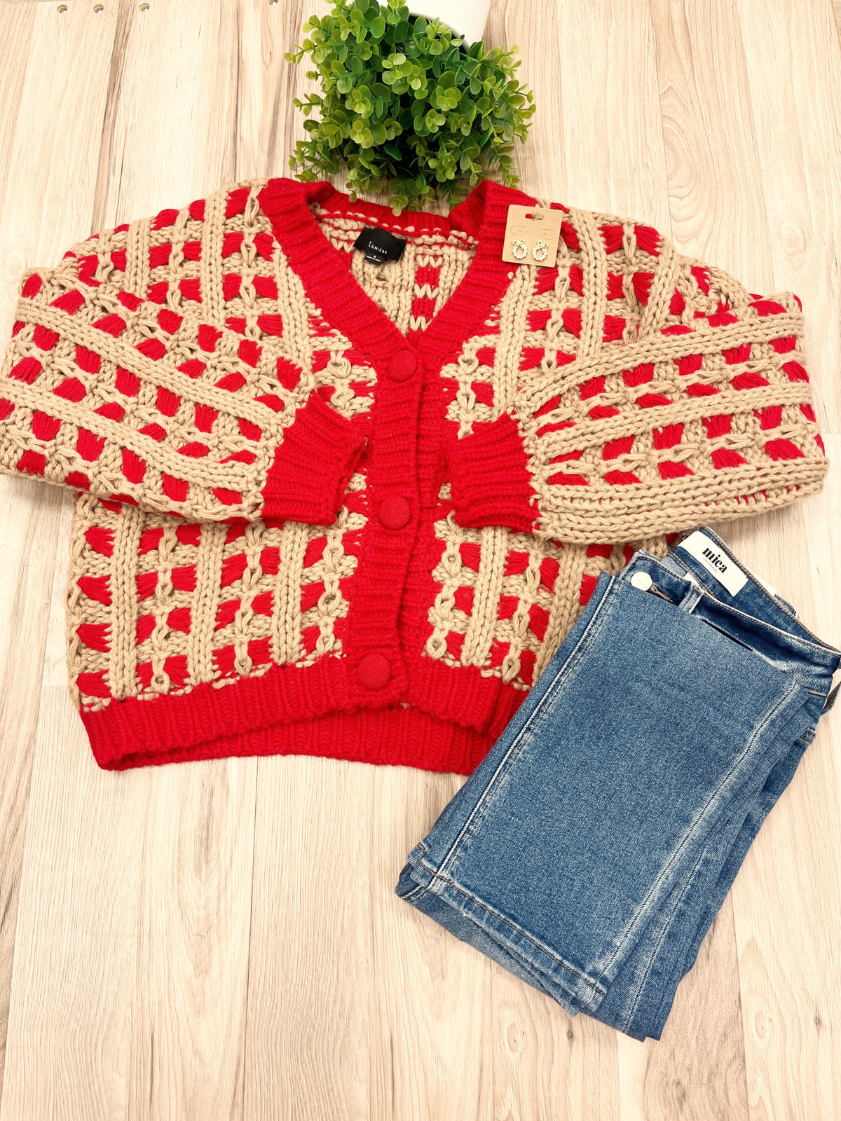 Red & Oatmeal Chunky Knit Button Front Cardigan - Women’s Sweater Top - by LUMIERE - True to Size