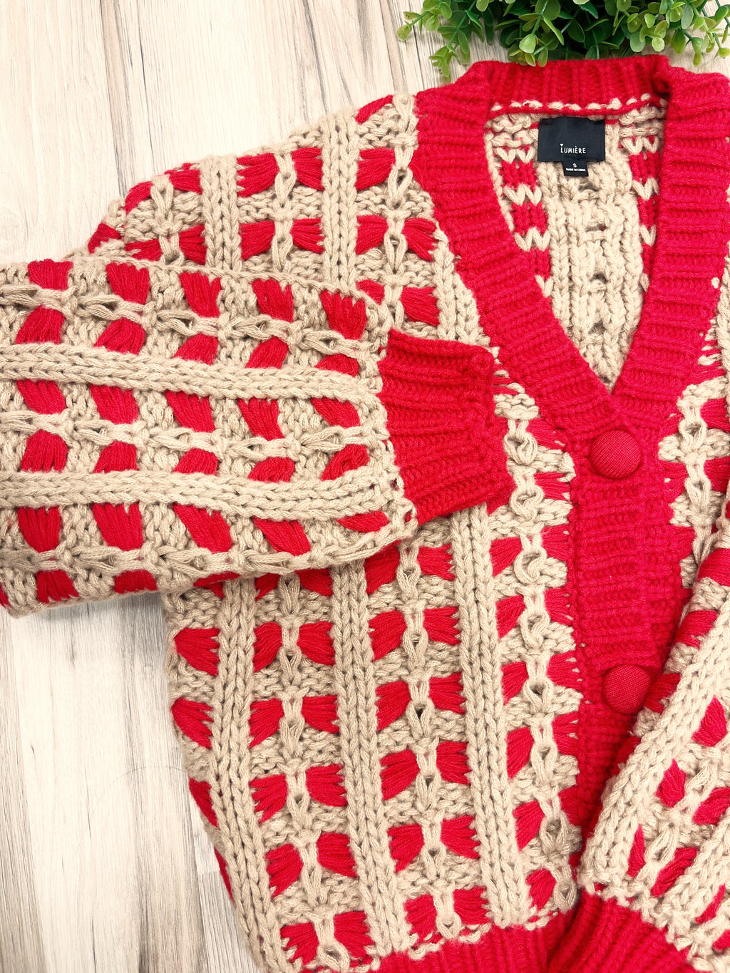 Red & Oatmeal Chunky Knit Button Front Cardigan - Women’s Sweater Top - by LUMIERE - True to Size