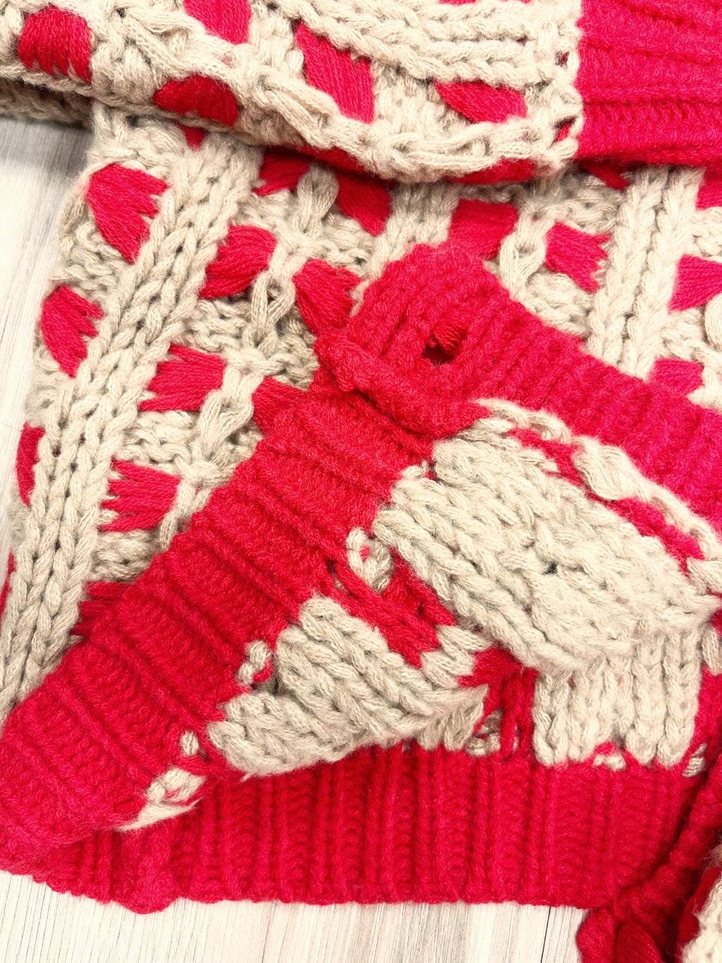 Red & Oatmeal Chunky Knit Button Front Cardigan - Women’s Sweater Top - by LUMIERE - True to Size