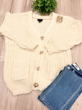 Cream Chunky Knit V-Neck Gold Button Cardigan - Women’s Sweater Top - by LUMIERE - Oversized