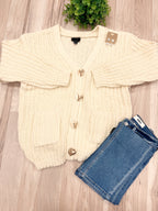 Cream Chunky Knit V-Neck Gold Button Cardigan - Women’s Sweater Top - by LUMIERE - Oversized
