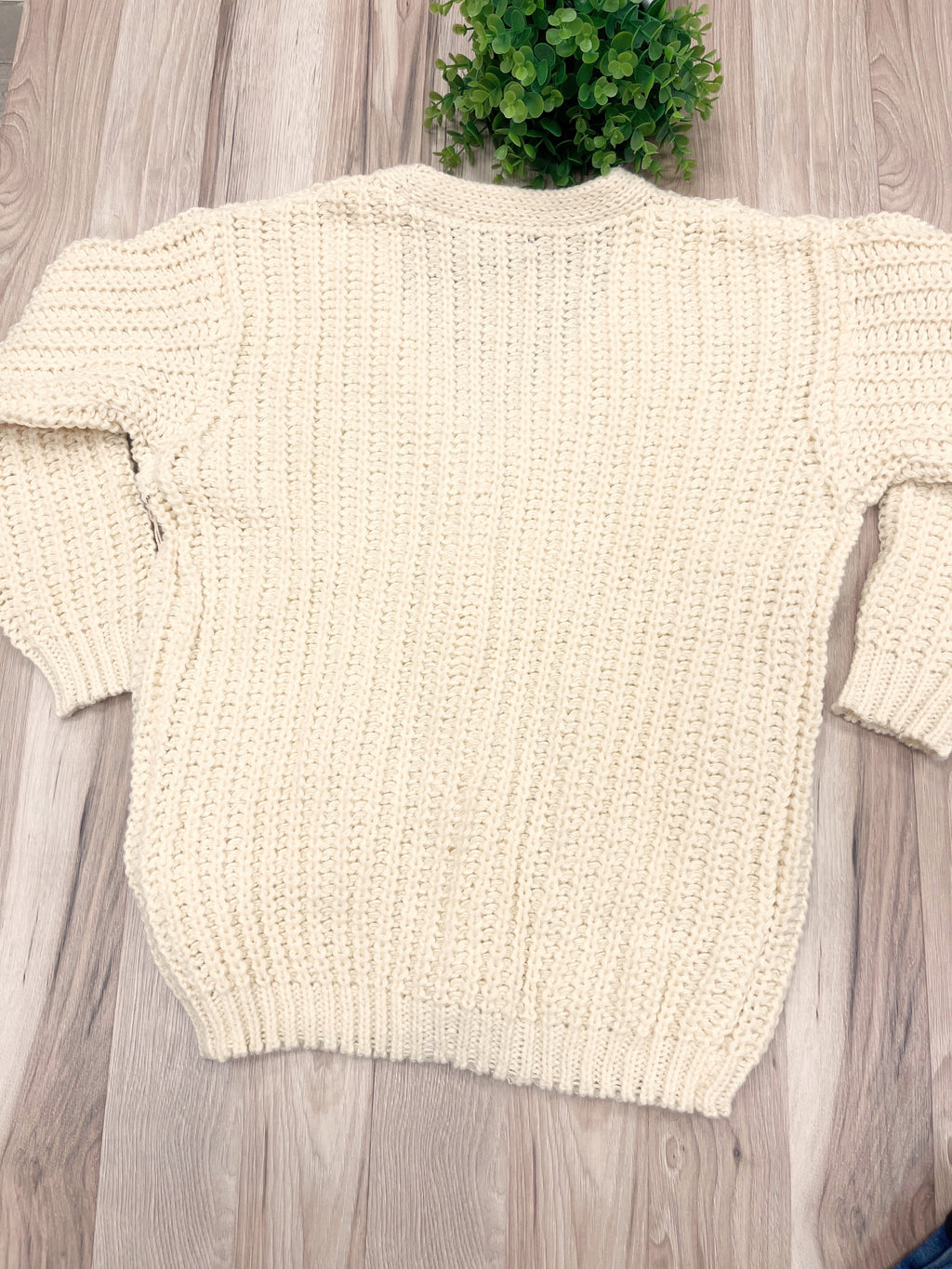 Cream Chunky Knit V-Neck Gold Button Cardigan - Women’s Sweater Top - by LUMIERE - Oversized