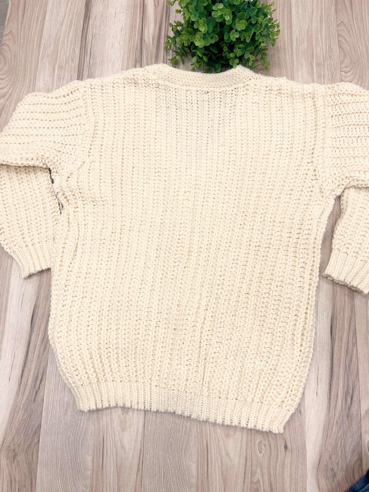 Cream Chunky Knit V-Neck Gold Button Cardigan - Women’s Sweater Top - by LUMIERE - Oversized