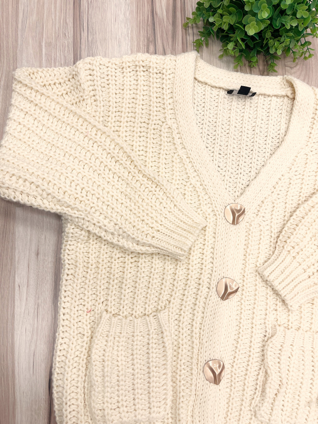 Cream Chunky Knit V-Neck Gold Button Cardigan - Women’s Sweater Top - by LUMIERE - Oversized