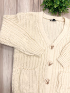 Cream Chunky Knit V-Neck Gold Button Cardigan - Women’s Sweater Top - by LUMIERE - Oversized