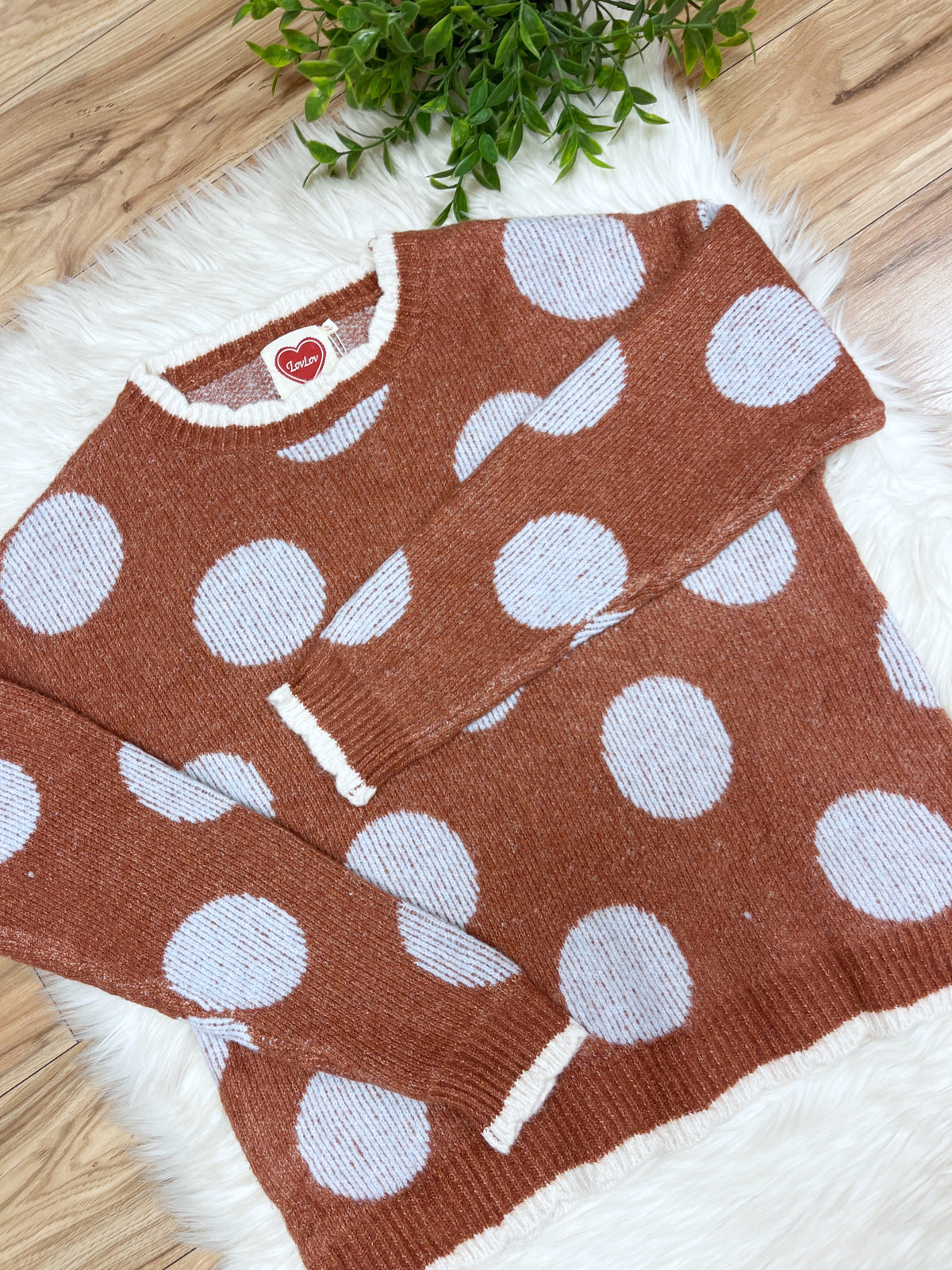 Mocha Sweater with Light Blue Polka Dots - Women’s Sweater Top - by LovLov - Oversized