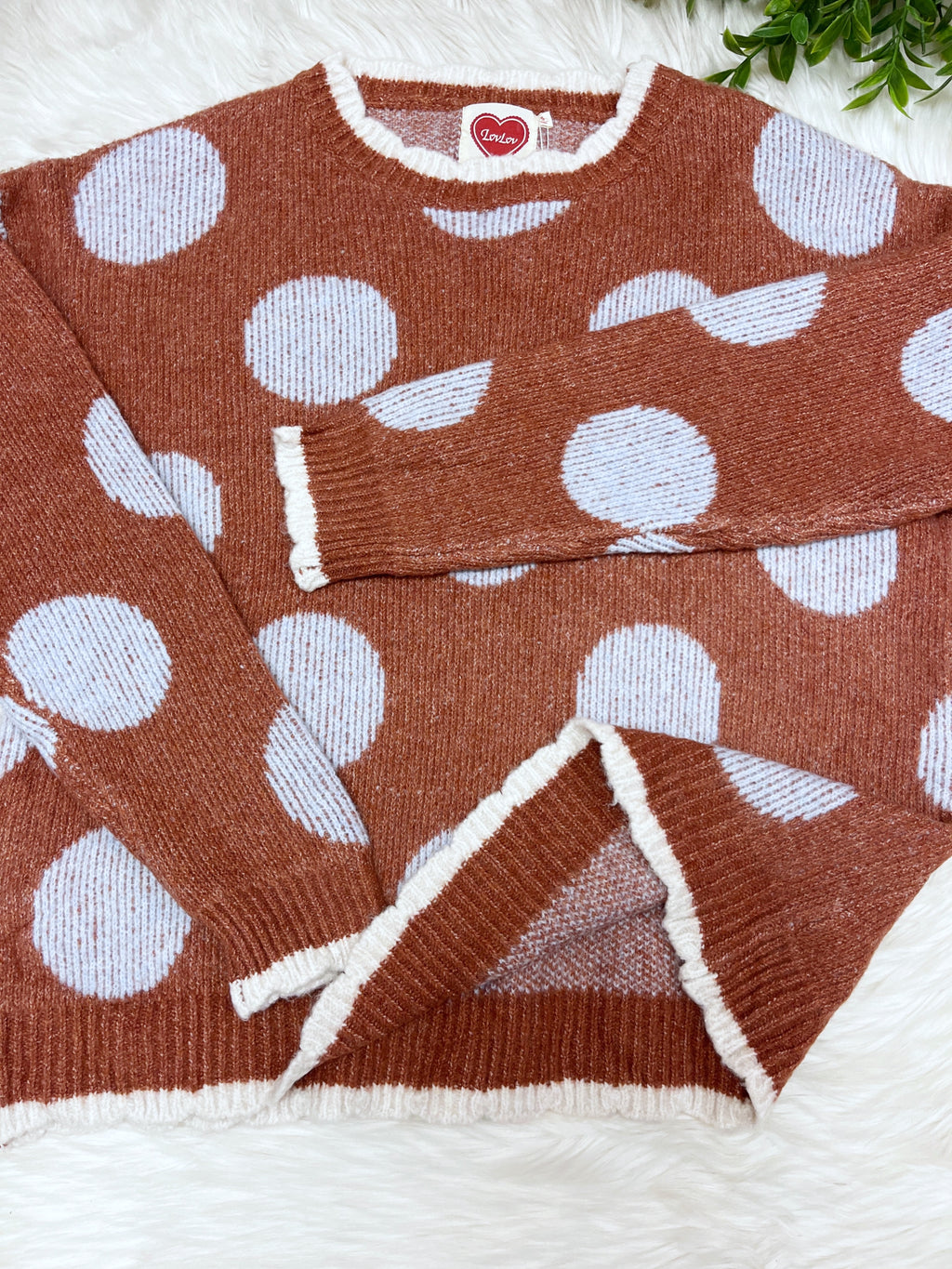 Mocha Sweater with Light Blue Polka Dots - Women’s Sweater Top - by LovLov - Oversized