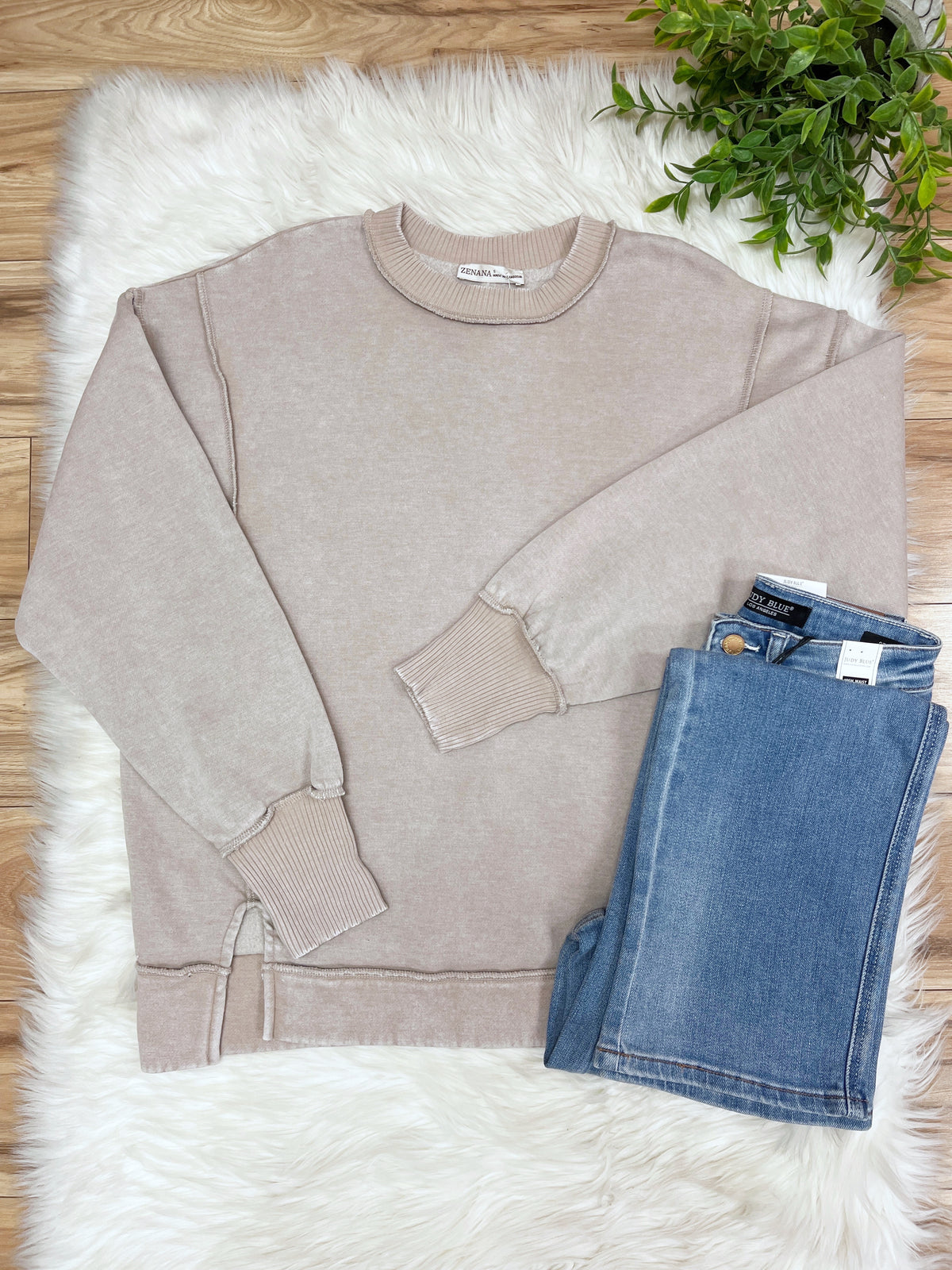 Ash Mocha Exposed Seam Pullover with Slits - Women’s Sweatshirt Top - by Zenana - Loose Fit