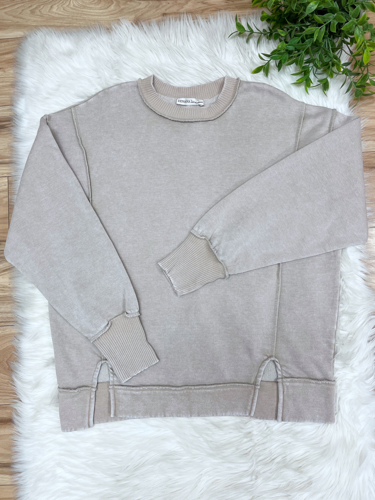 Ash Mocha Exposed Seam Pullover with Slits - Women’s Sweatshirt Top - by Zenana - Loose Fit