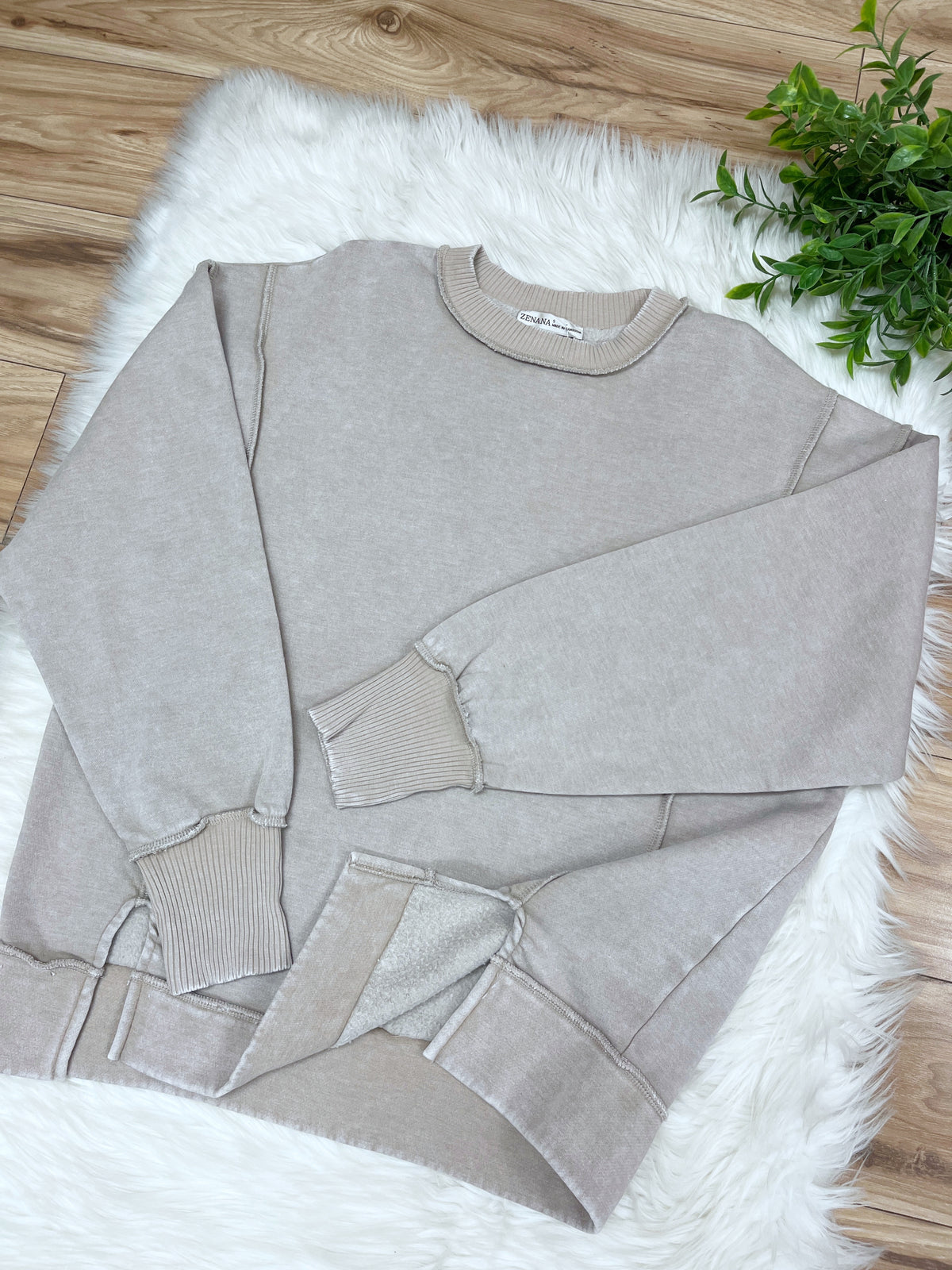 Ash Mocha Exposed Seam Pullover with Slits - Women’s Sweatshirt Top - by Zenana - Loose Fit