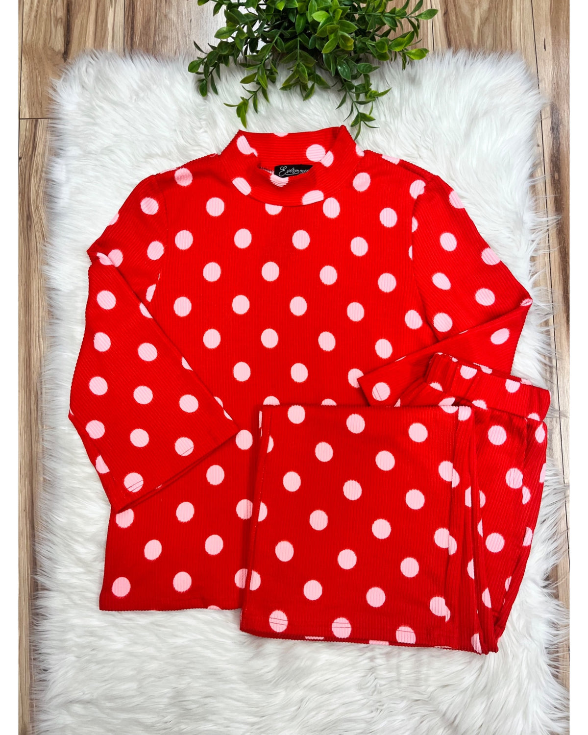 Red Ribbed Set with Polka Dots - Women’s 2 Piece Pants Set - by Evermmee - True to Size
