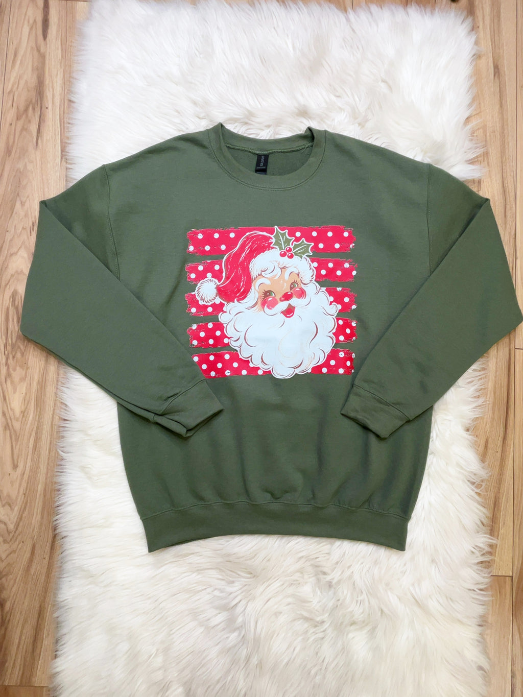 Olive green Santa with polka dots - Women’s Sweatshirt Top - by Gildan - True to Size