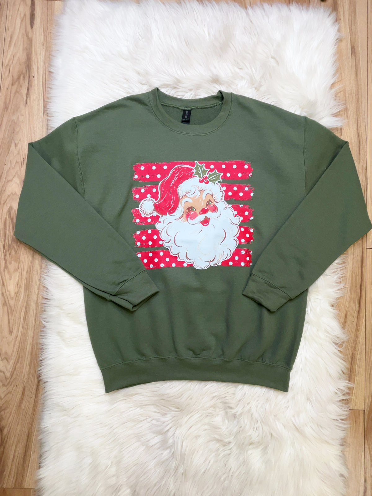 Olive green Santa with polka dots - Women’s Sweatshirt Top - by Gildan - True to Size