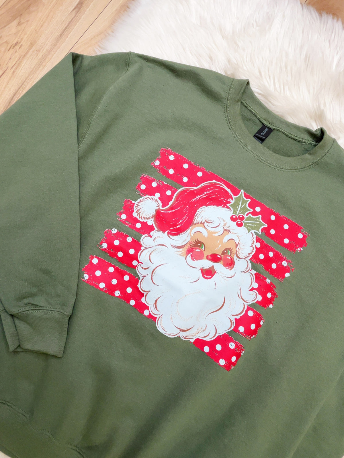 Olive green Santa with polka dots - Women’s Sweatshirt Top - by Gildan - True to Size