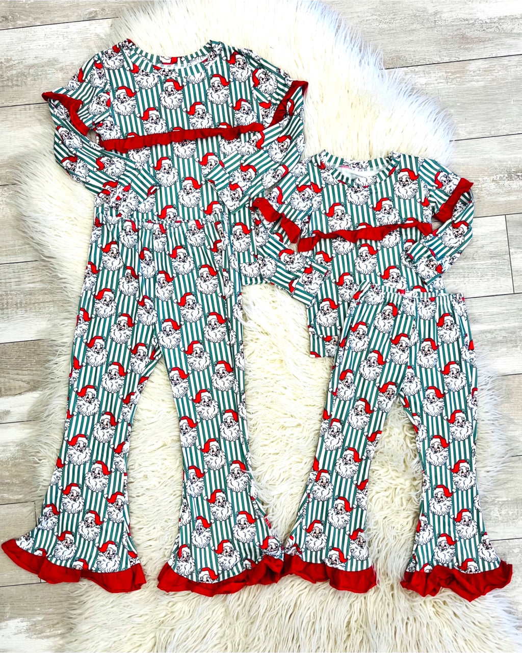 Santa Claus Print Red Ruffle Trim - Girls Pants Outfit - by Mini Mee - True to Size
