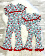 Santa Claus Print Red Ruffle Trim - Girls Pants Outfit - by Mini Mee - True to Size