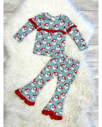 Santa Claus Print Red Ruffle Trim - Girls Pants Outfit - by Mini Mee - True to Size