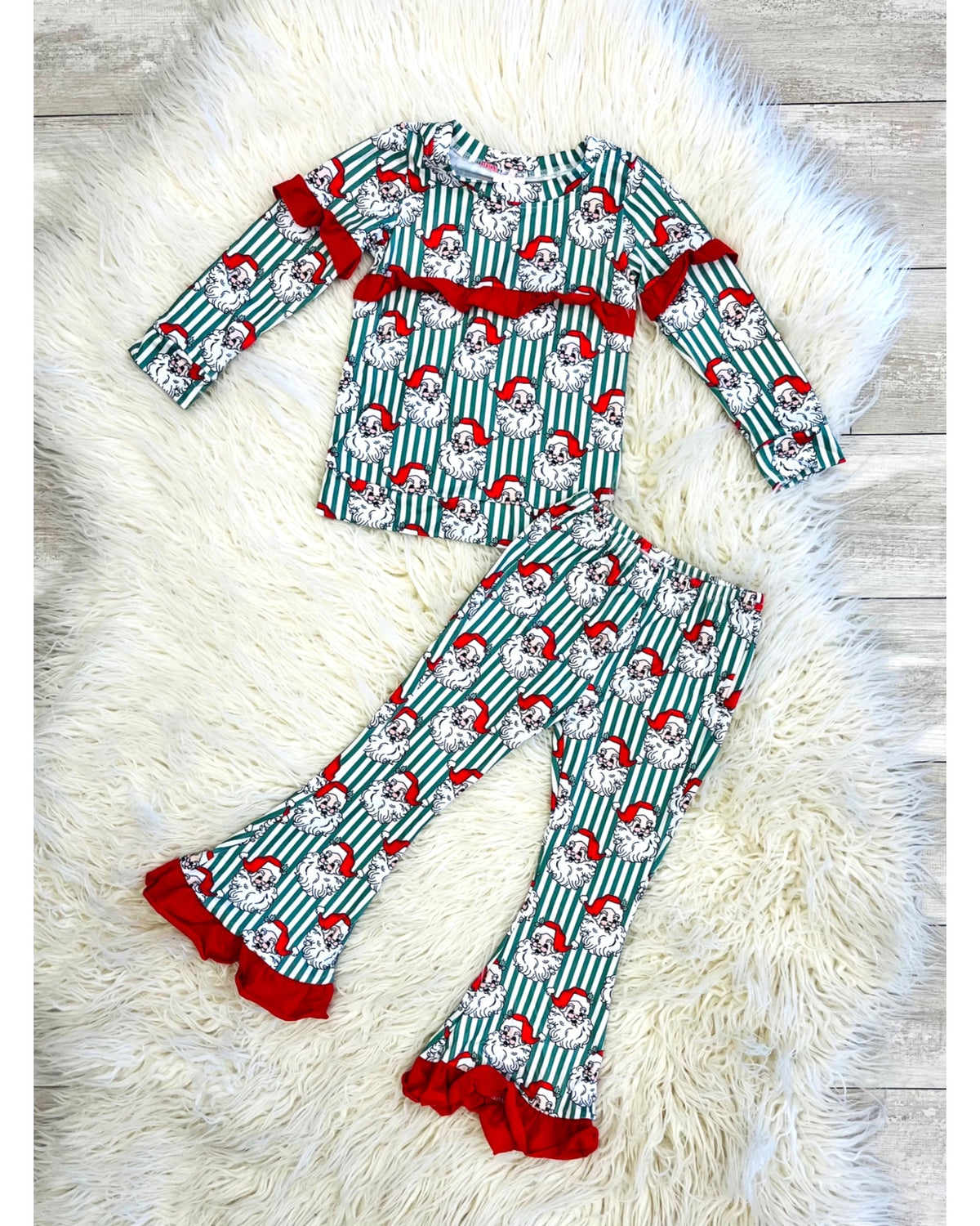 Santa Claus Print Red Ruffle Trim - Girls Pants Outfit - by Mini Mee - True to Size