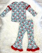 Santa Claus Print Red Ruffle Trim - Girls Pants Outfit - by Mini Mee - True to Size