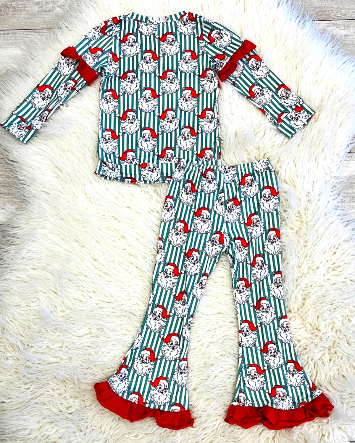 Santa Claus Print Red Ruffle Trim - Girls Pants Outfit - by Mini Mee - True to Size