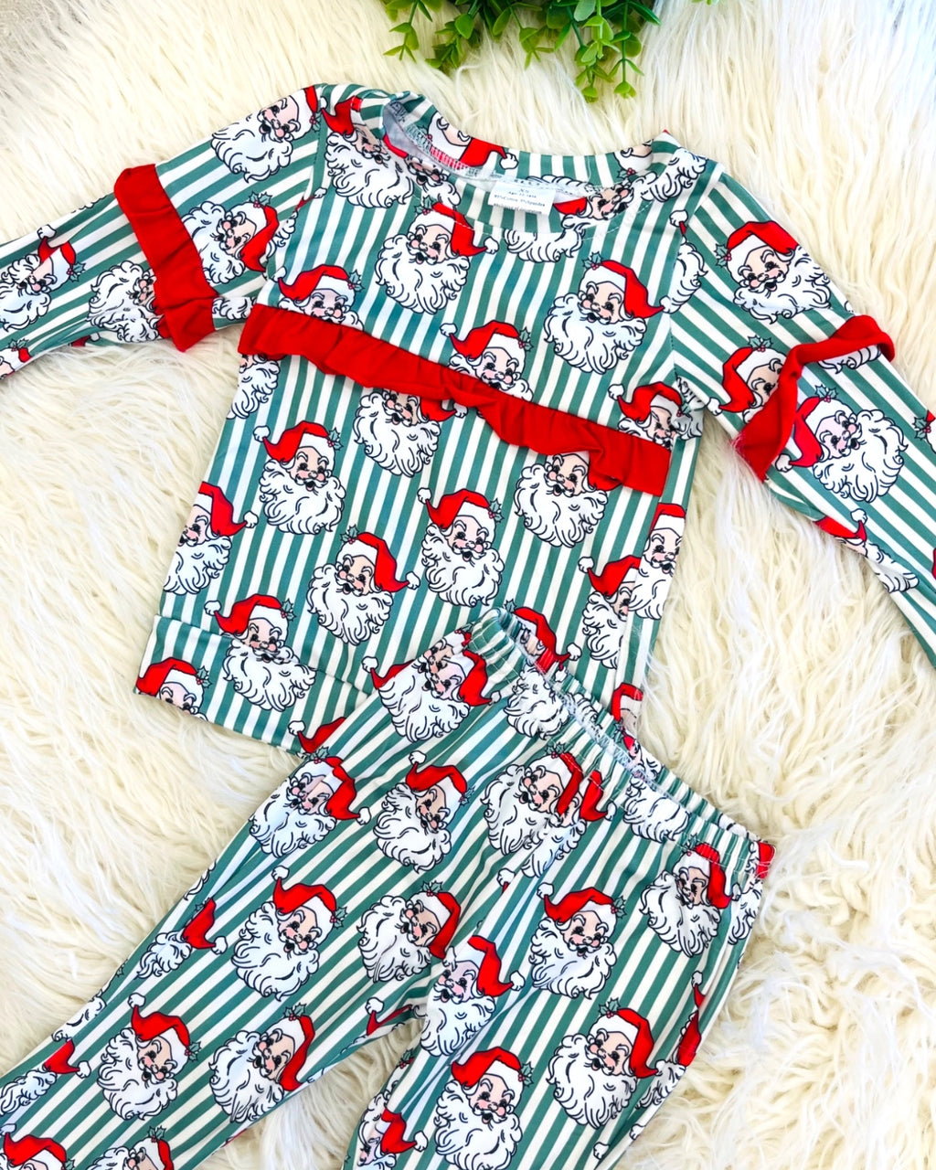 Santa Claus Print Red Ruffle Trim - Girls Pants Outfit - by Mini Mee - True to Size